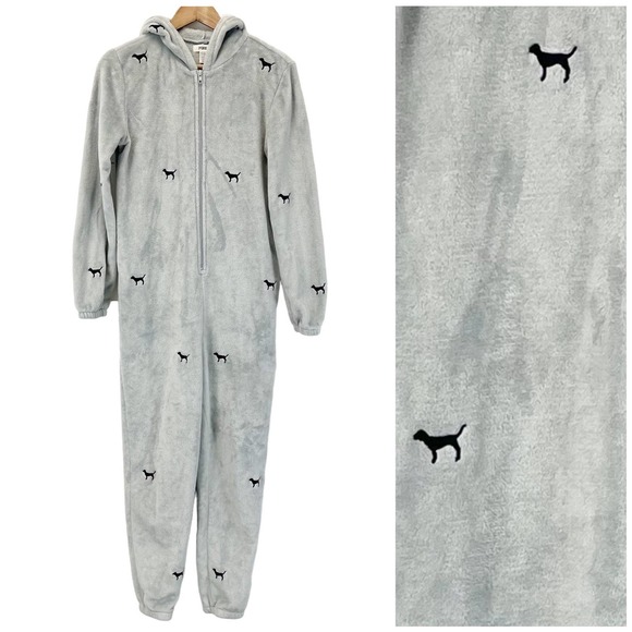 PINK Victoria's Secret Other - PINK Victoria's Secret Teddy Union Suit Hooded Pajama Dog Gray Fuzzy Women XS/S